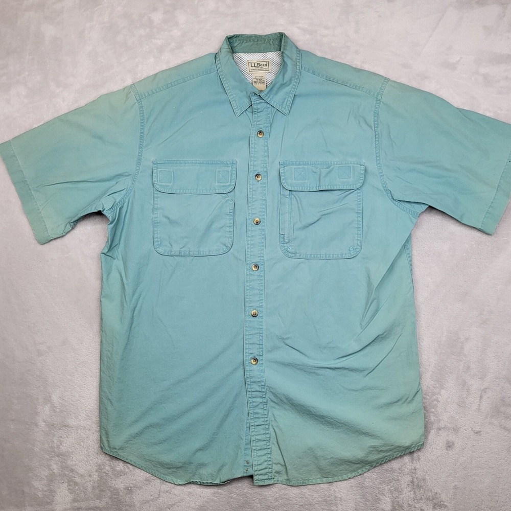 LL Bean Shirt Men Medium Fishing Vented Performance Sportsman Cotton Green Adult